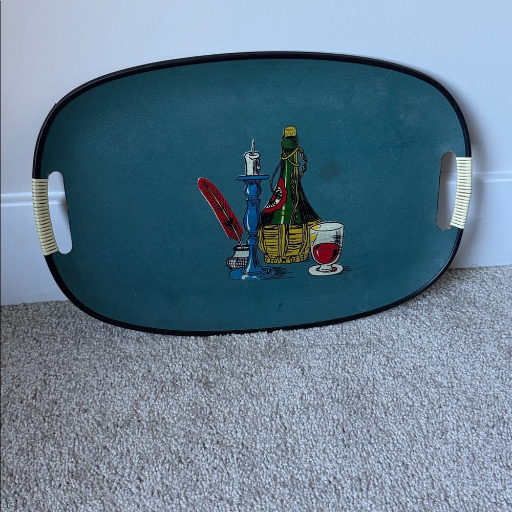 Vintage Blue Serving Tray with Wine Design - 1950s/1960s